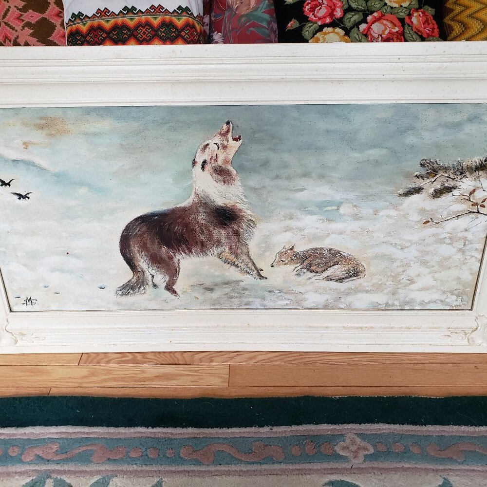 Vintage Antique Large Oil Painting Weird Winter Landscape Hunting Dog w/ Fawn
